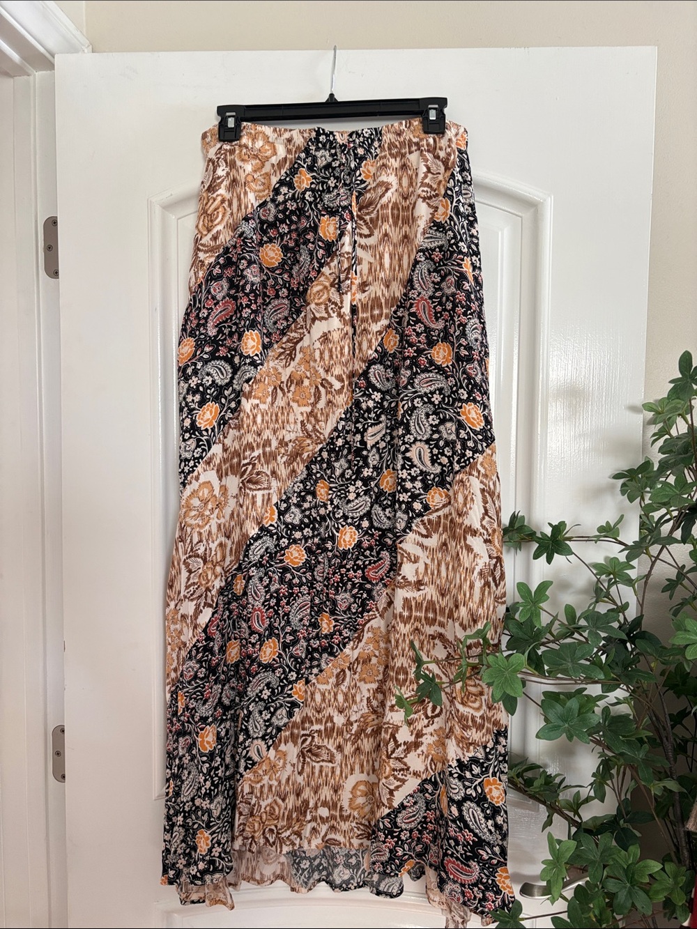 Patchwork Floral Maxi Skirt - Black & Tan